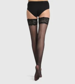 Bas autofixant semi-opaque noir jarretière dentelle Dim Up Sexy 25D