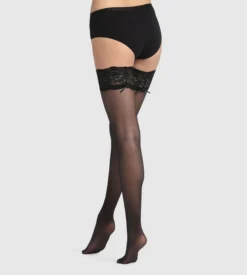 Bas autofixant semi-opaque noir jarretière dentelle Dim Up Sexy 25D