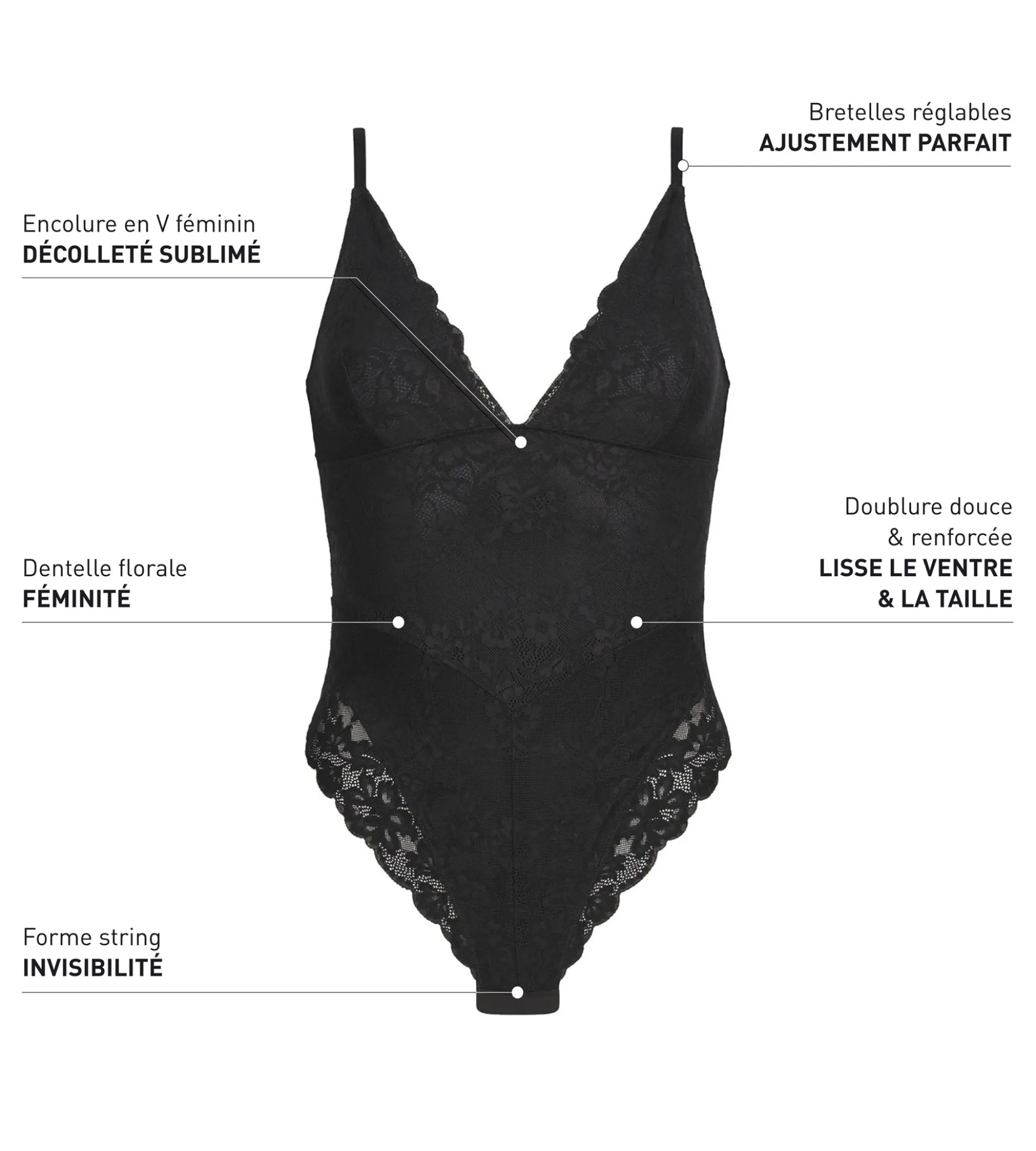 Body string effet sculptant femme en dentelle et microfibre Noir Dim Silhouette Elegance