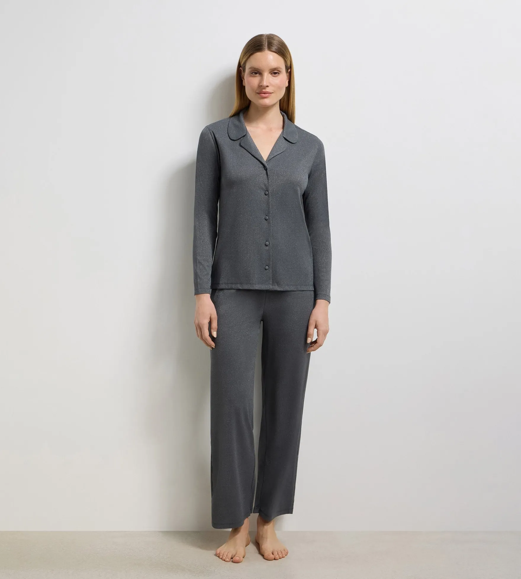 Chemise ouverte manches longues rib lurex gris granit Precious Christmas