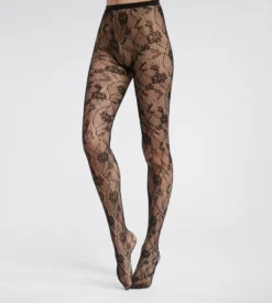 Collant femme en résille et dentelle florale Noir Dim Style
