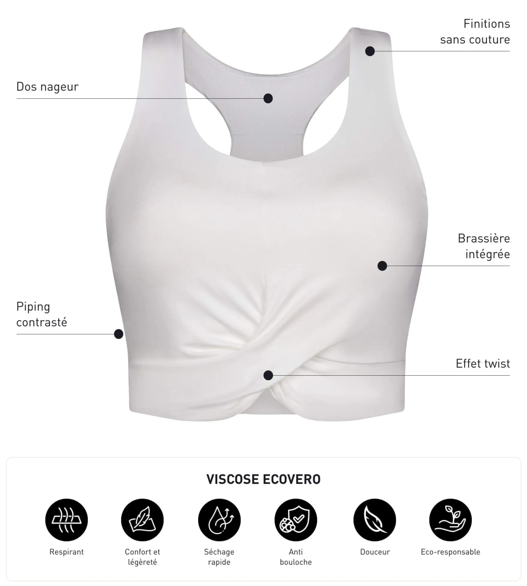 Débardeur de sport femme Écru en viscose avec brassière Dim Move