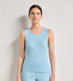 Débardeur femme jersey côtelé fin bleu satin Dim x Ines de la Fressange