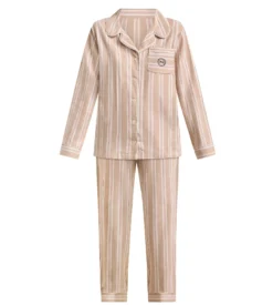 Ensemble pyjama femme flanelle rayée brun et beige DIM x Ines de la Fressange