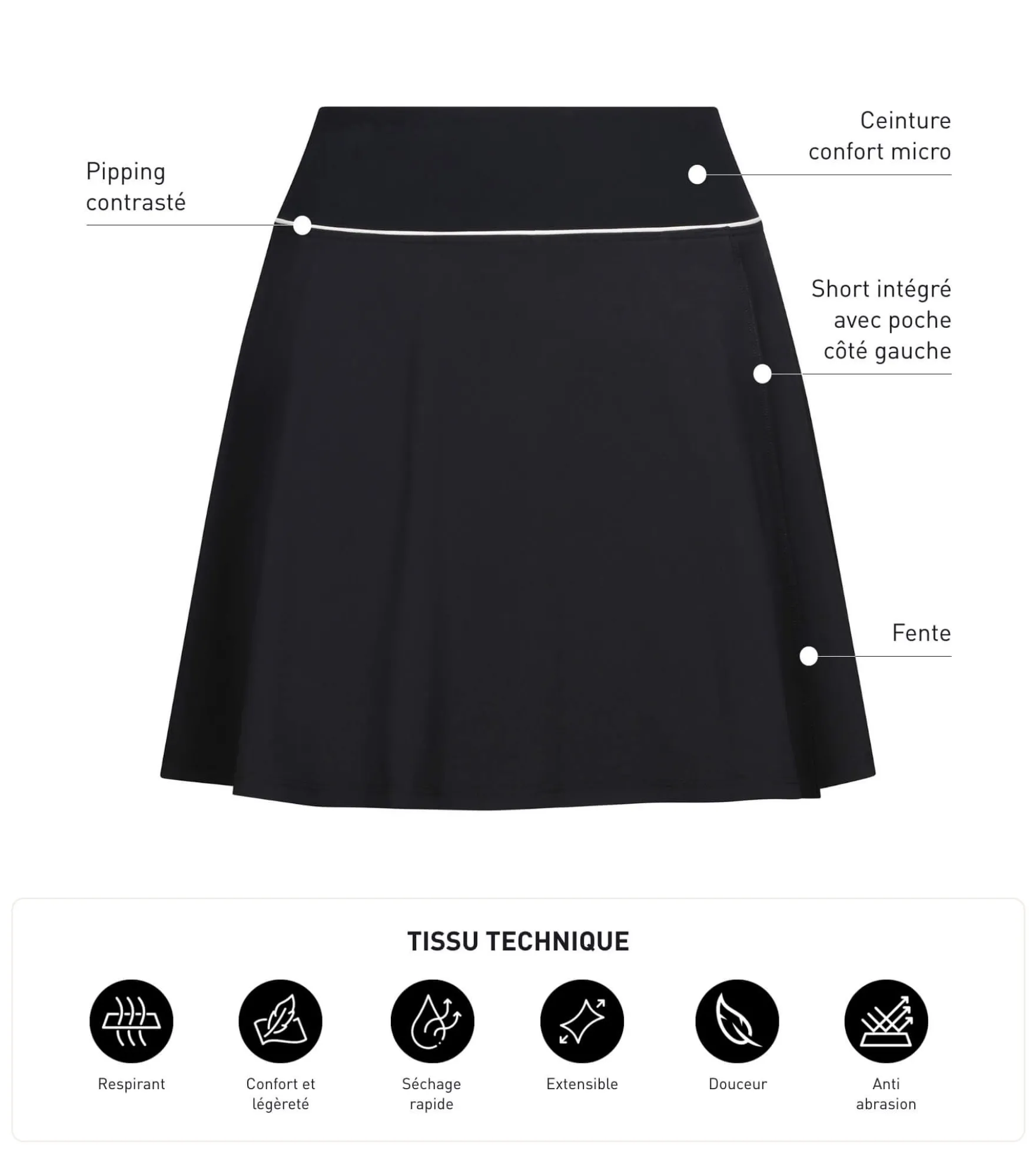 Jupe short de sport femme en microfibre Noire Dim Move