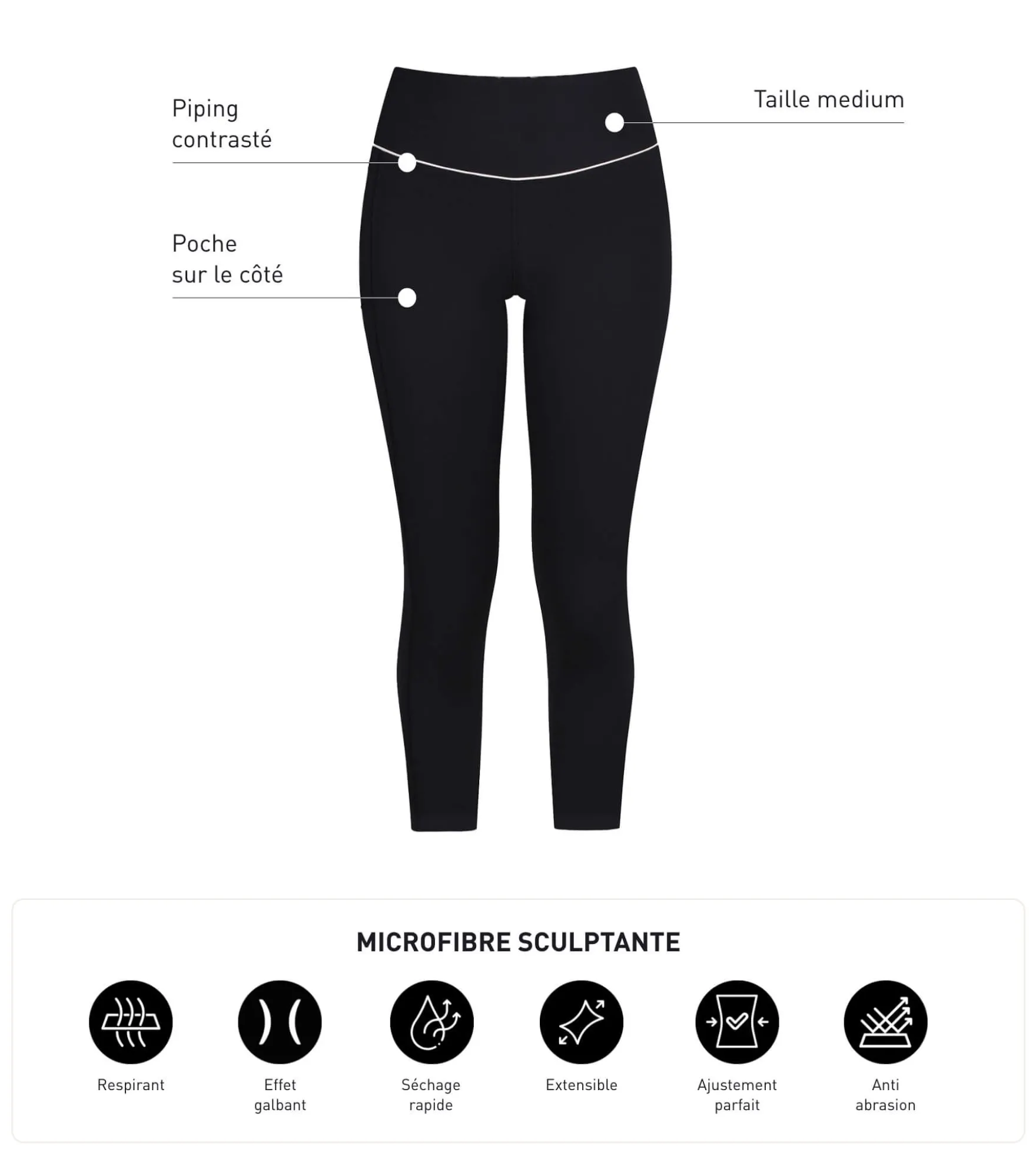 Legging de sport court pour femme en microfibre noire Dim Move