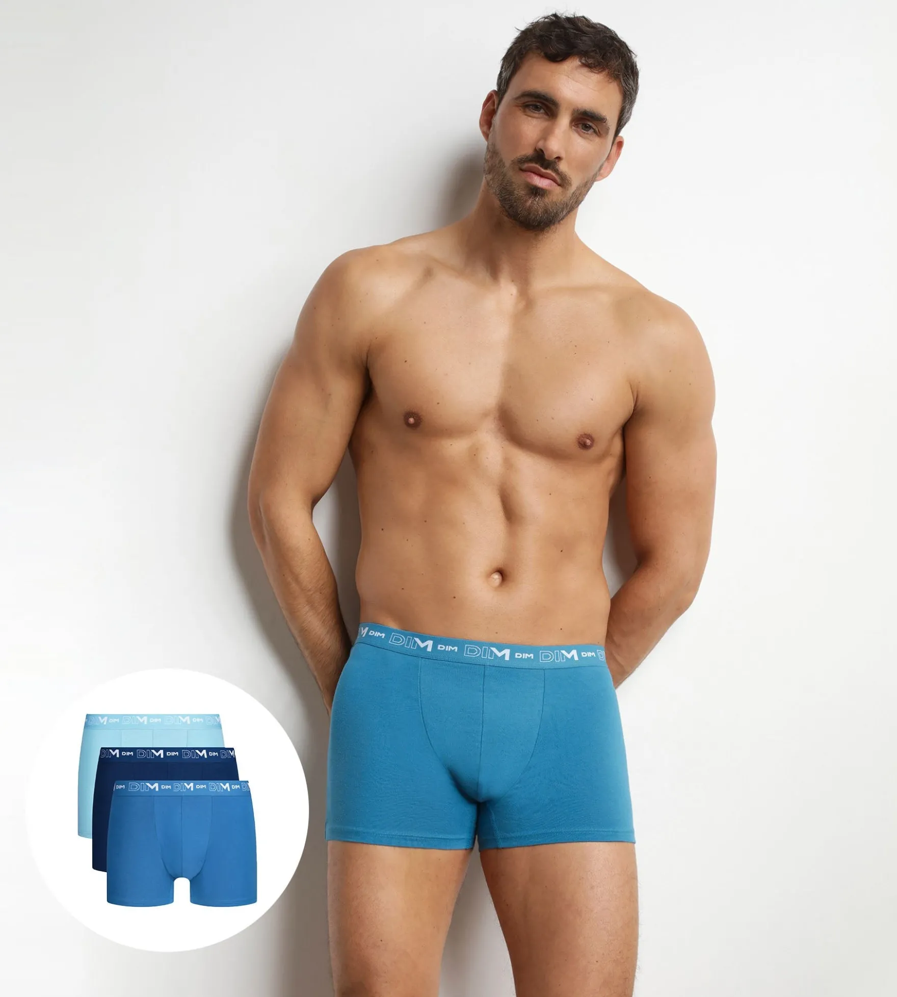 Lot de 3 boxers homme Bleu ceinture contrastée Dim Coton Stretch