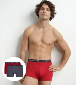 Lot de 2 Boxers homme Gris Rouge ceinture contrastée Dim Coton Stretch