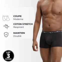 Lot de 3 boxers noir Homme en coton stretch