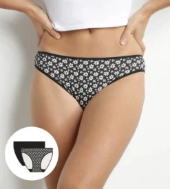 Lot de 2 culottes femme à motif floral Noir et Blanc Dim Coton Stretch