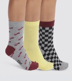 Lot de 3 paires de chaussettes enfant damier Gris Jaune Coton Style