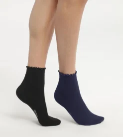 Lot de 2 paires de chaussettes femme à volants Noir Marine Dim Modal