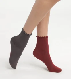 Lot de 2 paires de chaussettes femme à volants Rouge Dim Modal