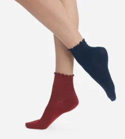 Lot de 2 paires de chaussettes femme à volants Bleu Bordeaux Dim Modal
