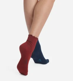 Lot de 2 paires de chaussettes femme à volants Bleu Bordeaux Dim Modal
