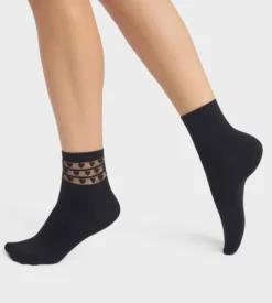 Lot de 2 paires de socquettes femme microfibre Noir à coeurs Dim Skin