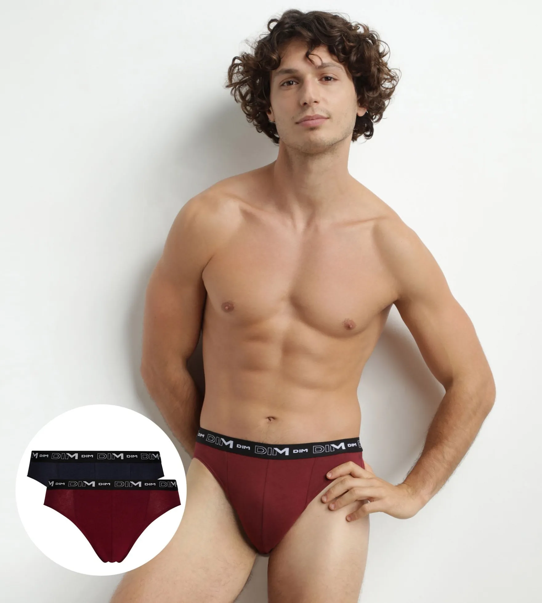 Lot de 2 slips homme Bleu Rouge ceinture contrastée Dim Coton Stretch