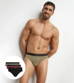 Lot de 3 slips homme en coton Noir Kaki Rouge Ultra doux