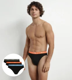 Lot de 3 slips homme Noir à ceinture Orange Vert Dim Coton Stretch