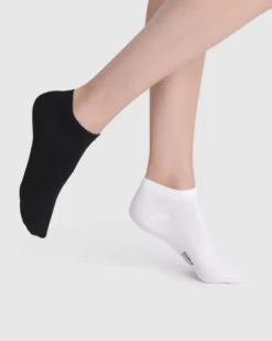 Lot de 2 socquettes courtes noires et blanches en coton Femme