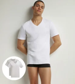 Lot de 2 t-shirts homme en coton bio Blanc Gris à col V Dim Good