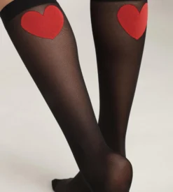 Mi-bas femme en voile transparent Noir motif coeur rouge Dim Style