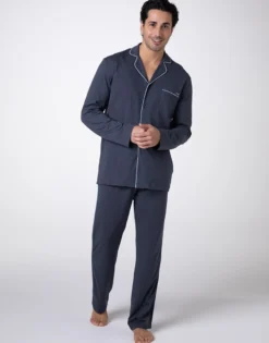 Pyjama long ouvert en jersey de coton ardoise pour unisexe