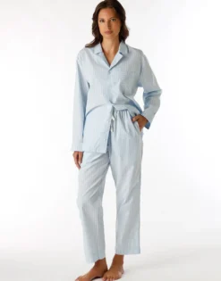 Pyjama long ouvert unisexe en toile de coton bleu à rayures