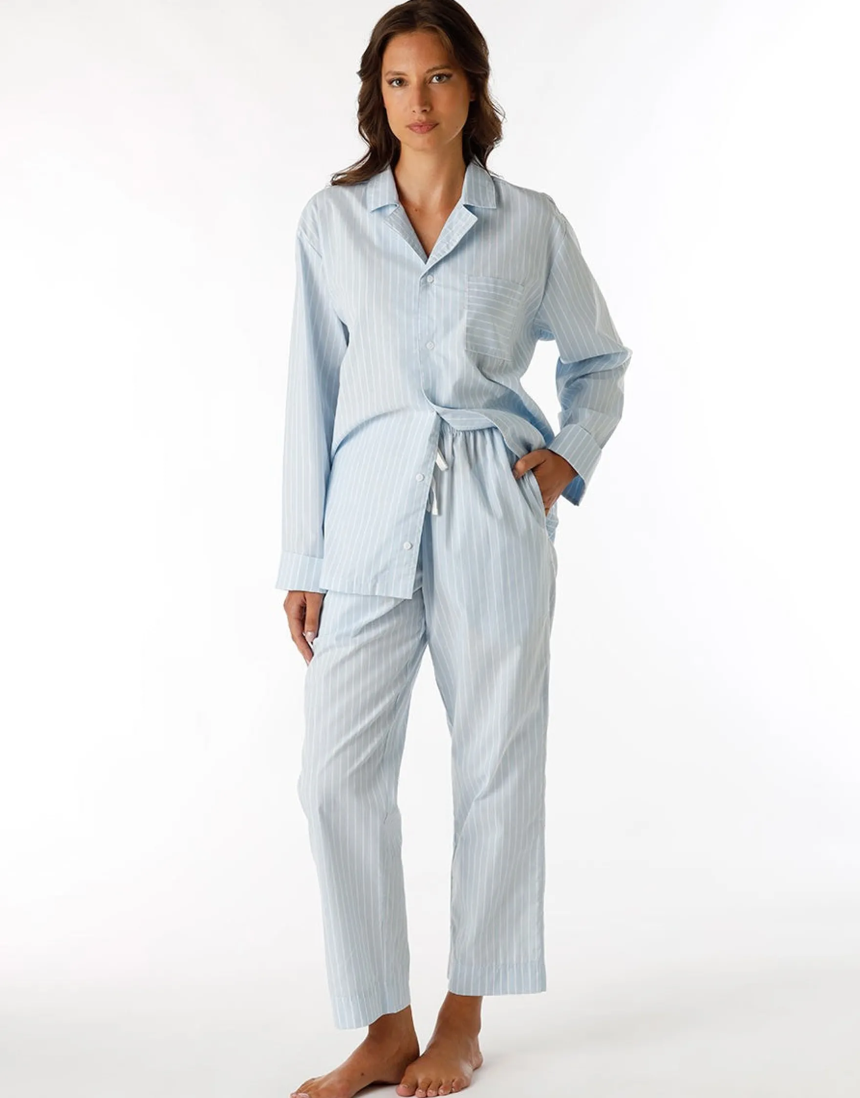 Pyjama long ouvert unisexe en toile de coton bleu à rayures