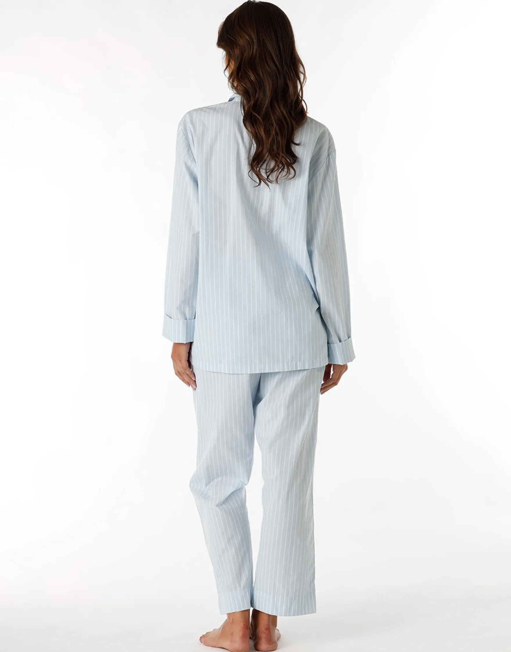 Pyjama long ouvert unisexe en toile de coton bleu à rayures