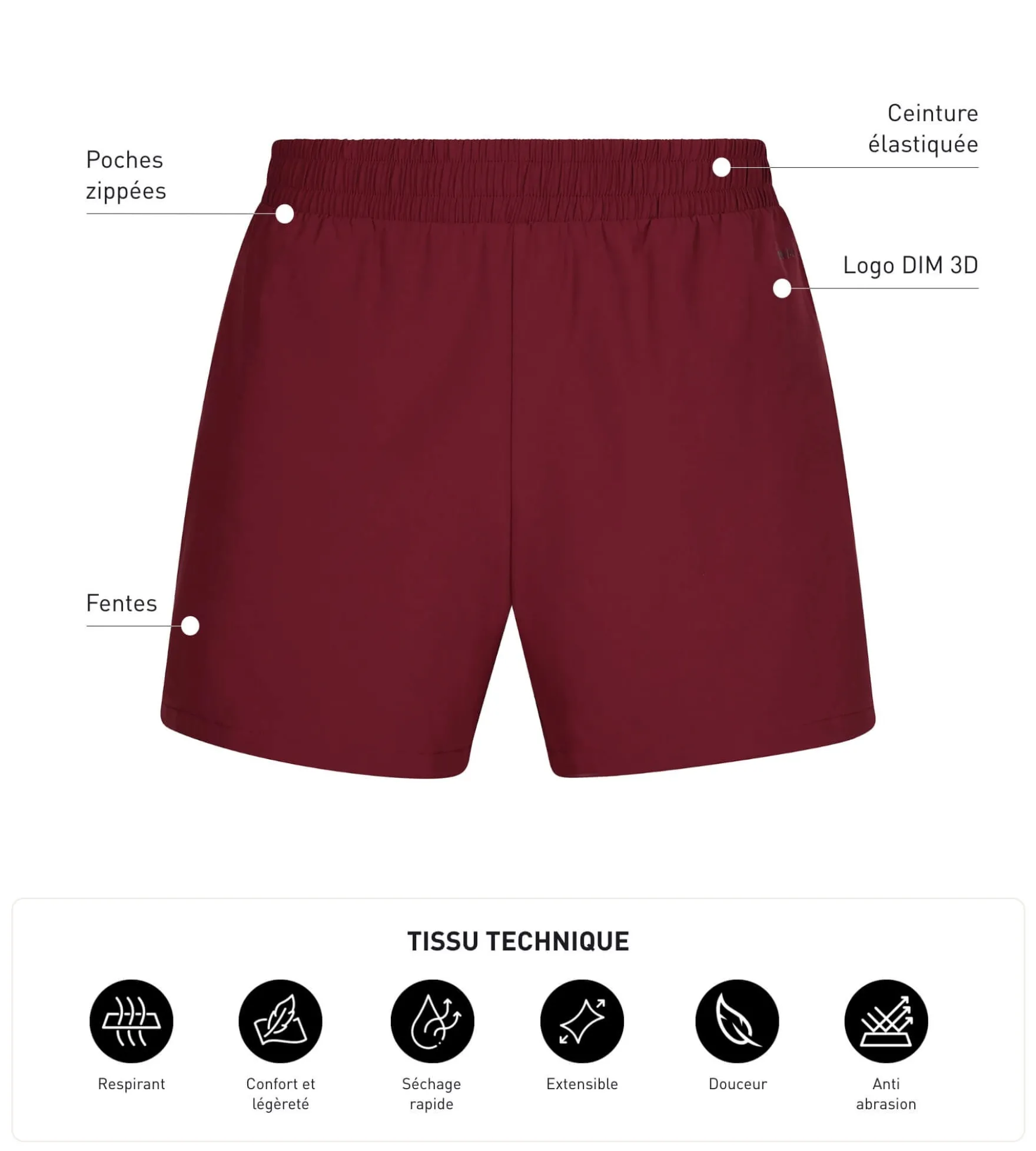 Short de sport homme en matière aérée Bordeaux Dim Move