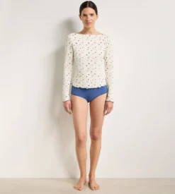Top manches longues col bateau coton écru imprimé fleuri Slow Days Fresh Vibes