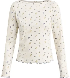 Top manches longues col bateau coton écru imprimé fleuri Slow Days Fresh Vibes